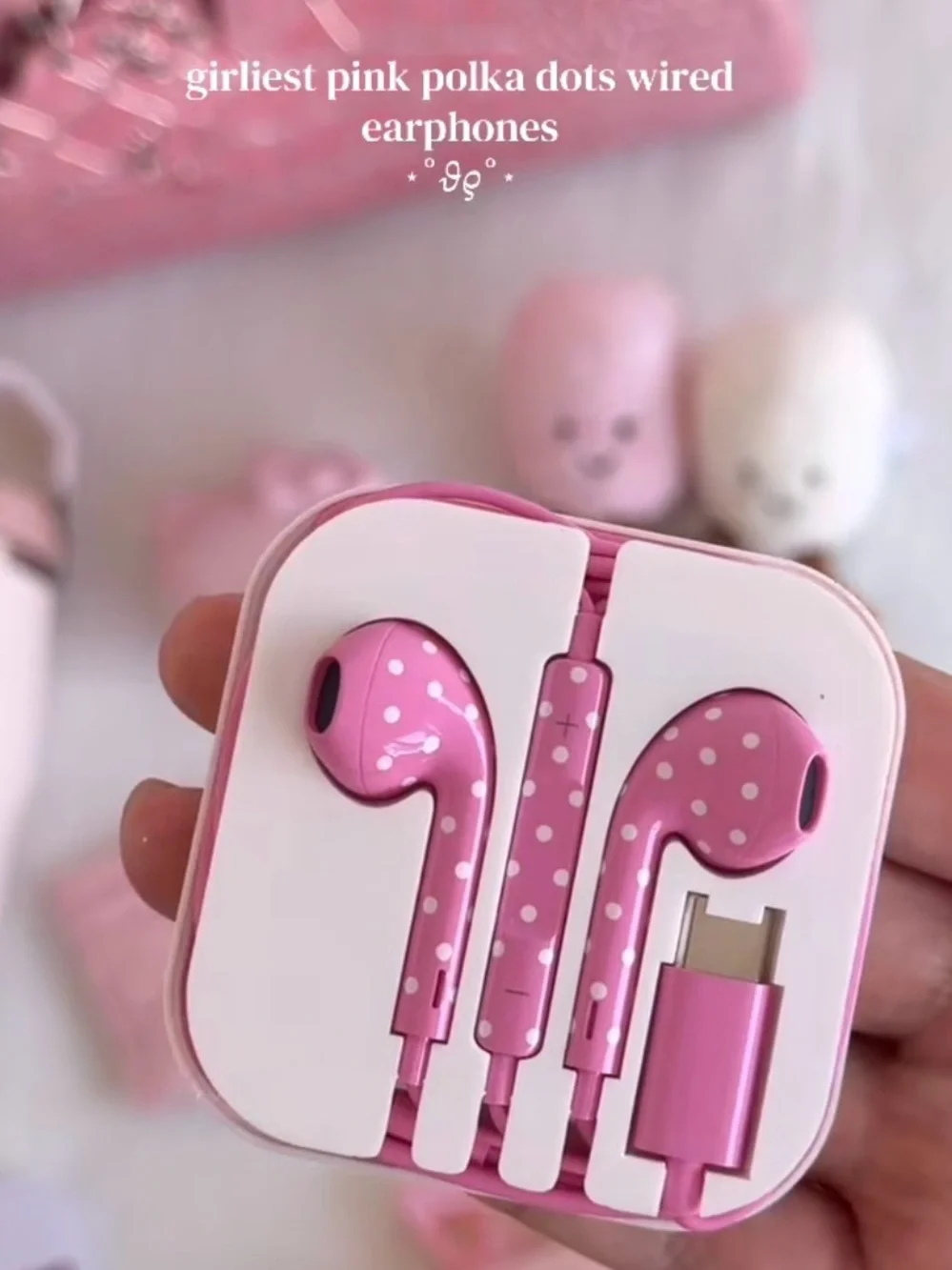 Pink Polka Dot Wired Earphones y2k